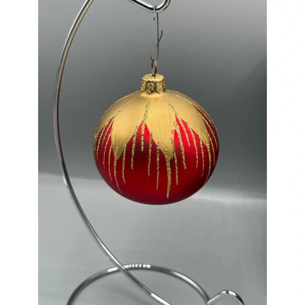 Vtg Red Gold Glitter Glass Christmas‎ Ball Ornament mid century regency set of 3
